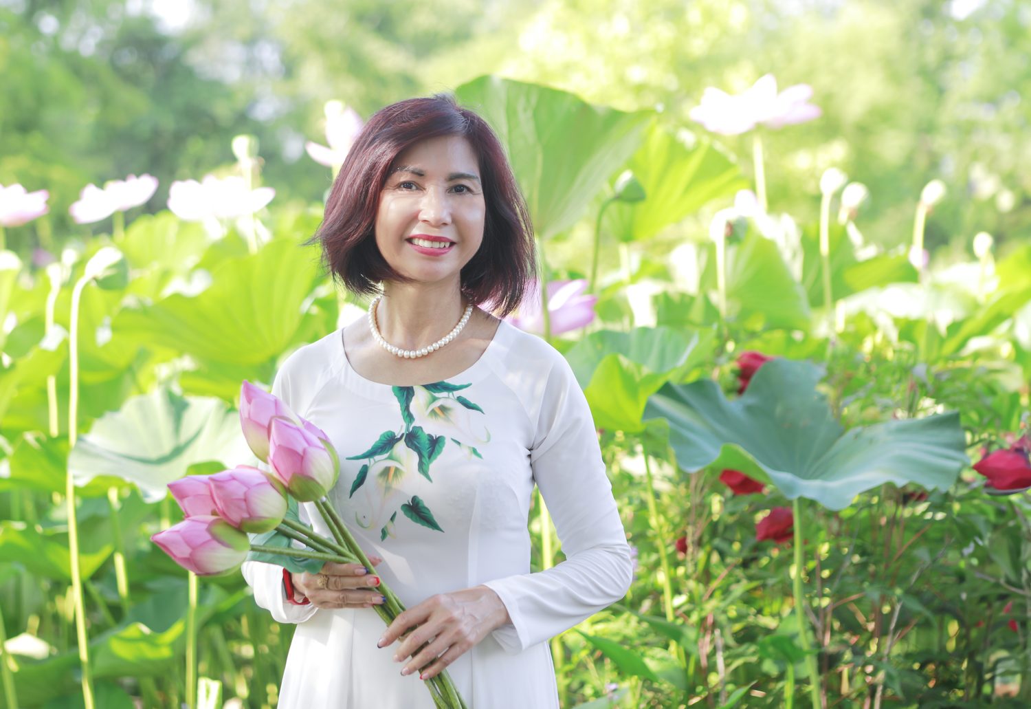 A woman in a white áo dài holding lotus stems in a lotus pond.